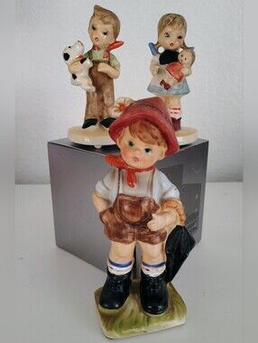 Vintage Ceramic Umbrella Boy, Dog Boy  & Doll Girl Figurines Made In Japan